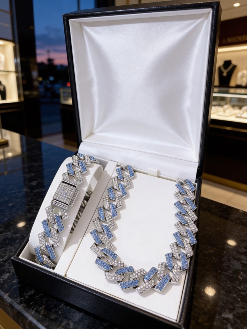 Silver & Blue Pavé Cuban Link Necklace and Bracelet Set